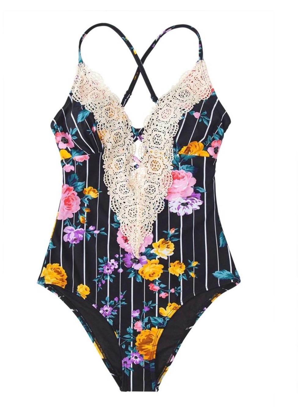 Cupshe Black Floral Plunge Neck Lace Crisscross Swimsuit Sz S